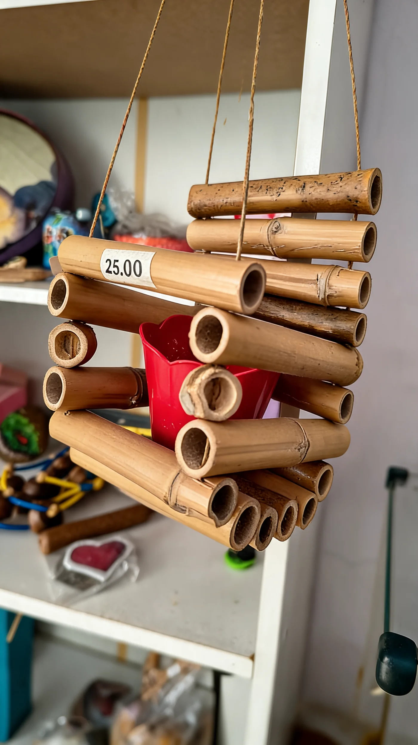 Balanço infantil de bambu pendurado por cordas, exposto na prateleira da loja