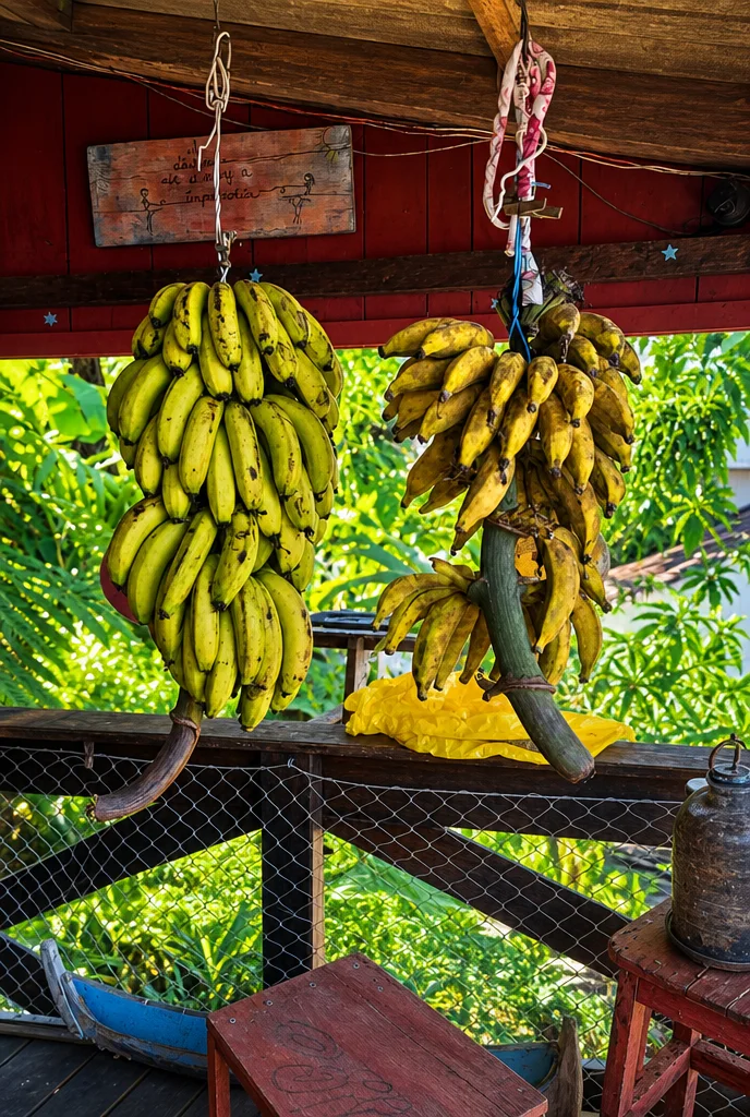 Cachos de banana pendurados na varanda da loja, com a mata ao fundo