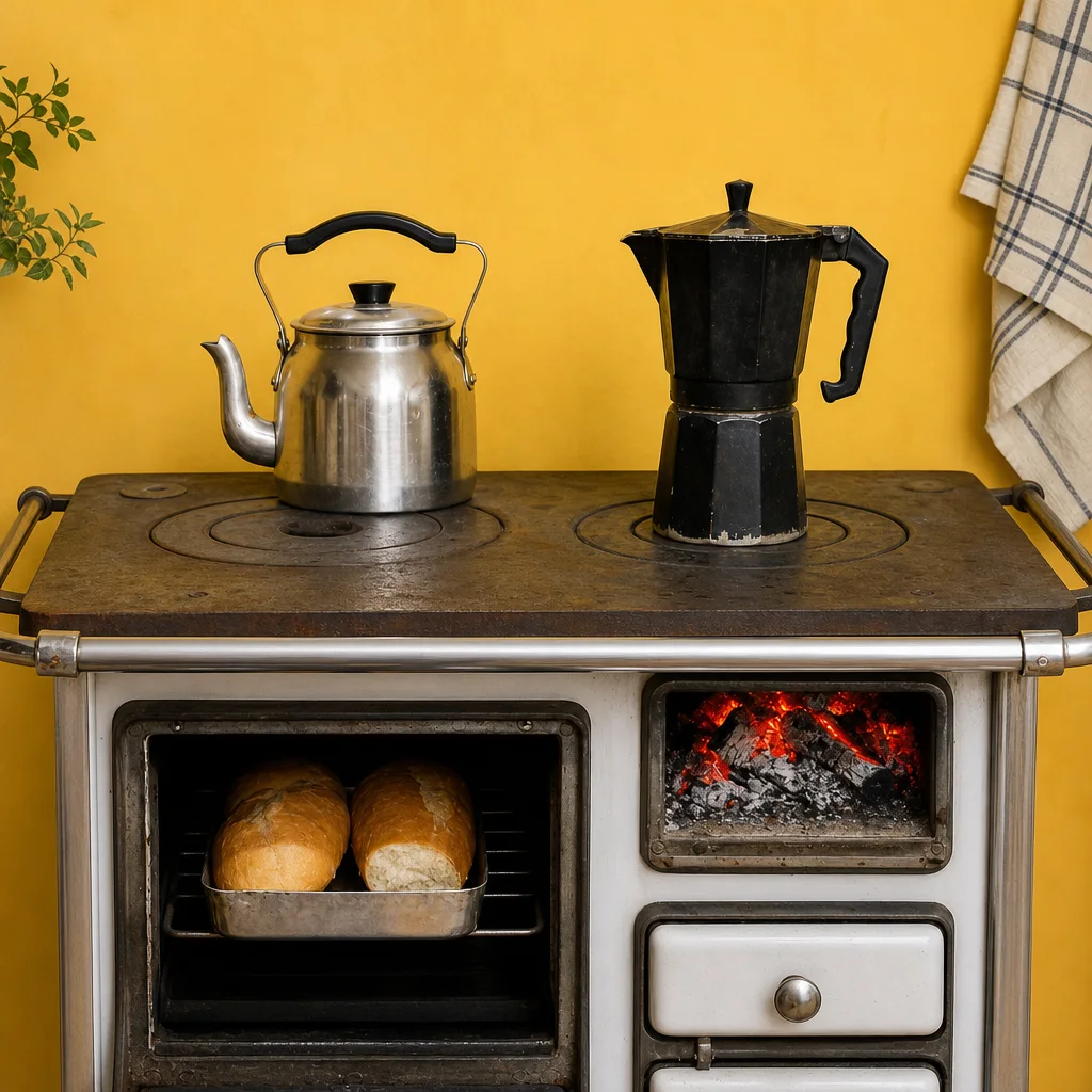 Fogão a lenha com chaleira e cafeteira italiana sobre a chapa, pães assando no forno e a brasa acesa ao lado
